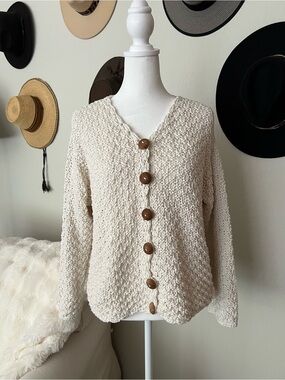 Pure - Hand Knit Creme Color Sweater.  Wood Buttons.  100% Cotton One-Siz